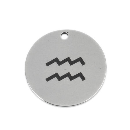 Stainless Steel Charms Round Disc Silver Tone Aquarius Sign Of Zodiac Constellations 20mm Dia., 5 PCs