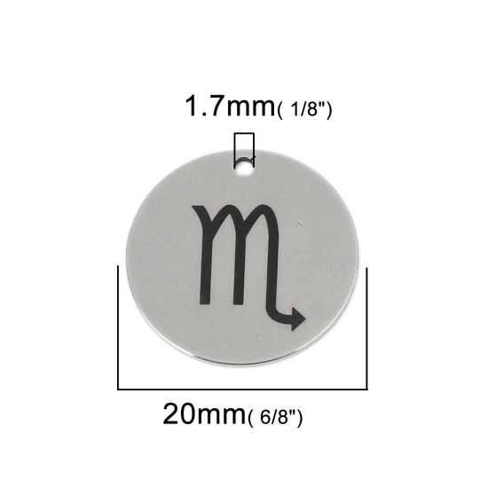 ステンレス鋼 チャーム 円形 シルバートーン 星座・さそり座 20mm 直径、 5 個 の画像