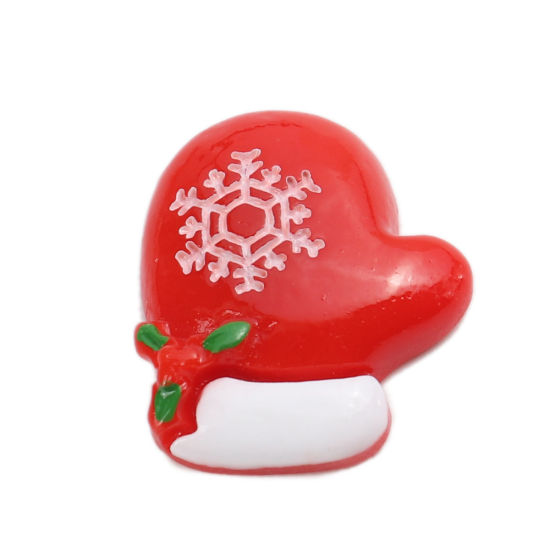 Picture of Resin Dome Seals Cabochon Christmas Gloves White & Red Christmas Snowflake Pattern 26mm x 23mm, 10 PCs