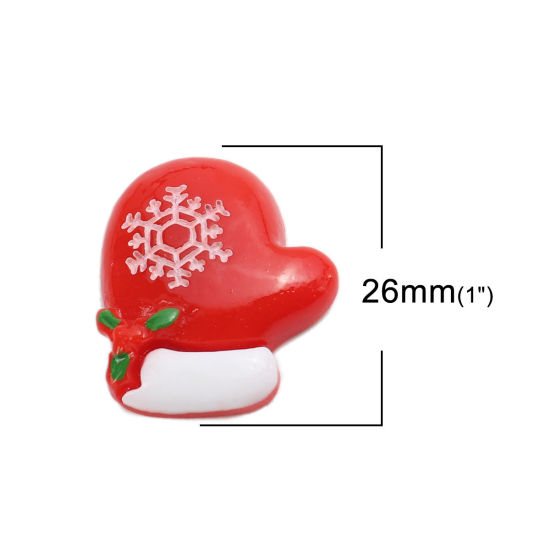 Picture of Resin Dome Seals Cabochon Christmas Gloves White & Red Christmas Snowflake Pattern 26mm x 23mm, 10 PCs