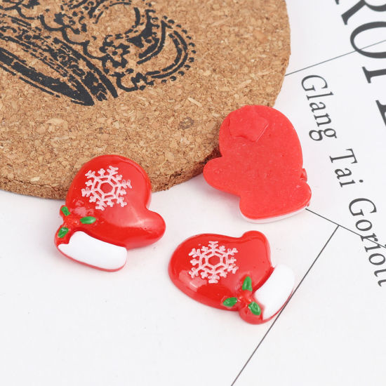 Picture of Resin Dome Seals Cabochon Christmas Gloves White & Red Christmas Snowflake Pattern 26mm x 23mm, 10 PCs