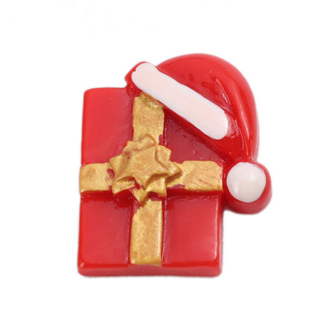 Picture of Resin Dome Seals Cabochon Christmas Hats Red Christmas Gift Box Pattern 28mm x 23mm, 10 PCs