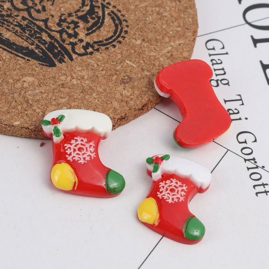 Picture of Resin Dome Seals Cabochon Christmas Stocking Multicolor Christmas Snowflake Pattern 26mm x 23mm, 10 PCs