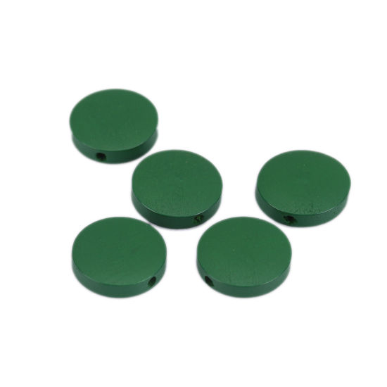 Image de Perles en Bois Naturel Plat-Rond Vert Foncé 15mm Dia, Trou: env. 1.2mm, 50 Pcs