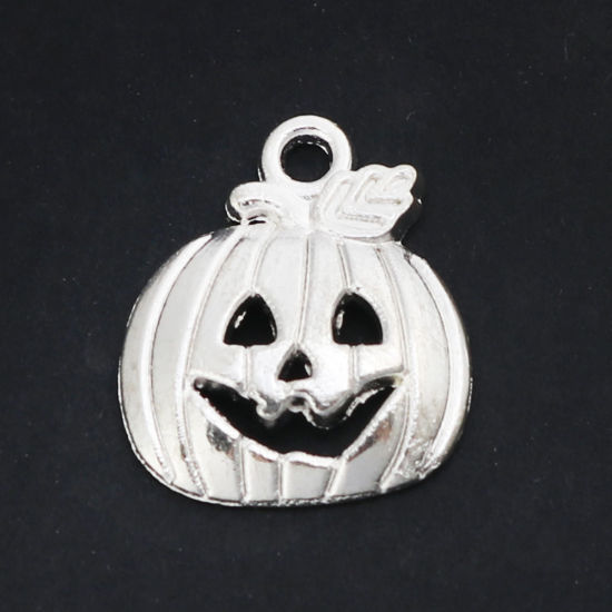 Picture of Zinc Based Alloy Halloween Charms Pumpkin Silver Plated Hollow 18mm x 16mm, 50 PCs