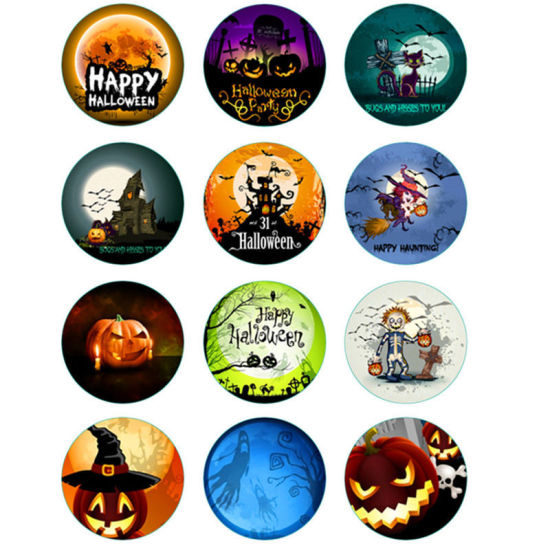 Picture of Glass Halloween Dome Seals Cabochon Round Flatback At Random 12mm Dia, 20 PCs