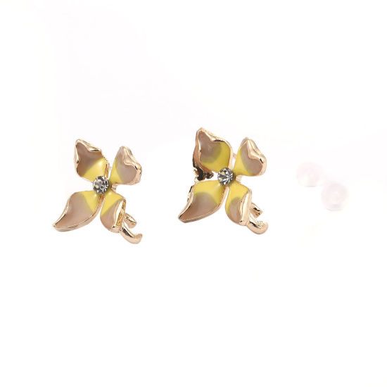 亜鉛合金 エナメル イヤリング イヤリングパーツ フラワー 金メッキ 黄色 ループ付き 透明 ラインストーン 17mm x 16mm、 ワイヤーサイズ: （21号）、 4 個 の画像