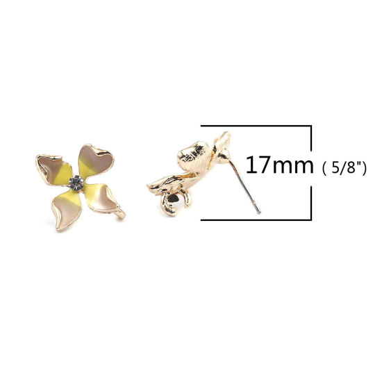 亜鉛合金 エナメル イヤリング イヤリングパーツ フラワー 金メッキ 黄色 ループ付き 透明 ラインストーン 17mm x 16mm、 ワイヤーサイズ: （21号）、 4 個 の画像