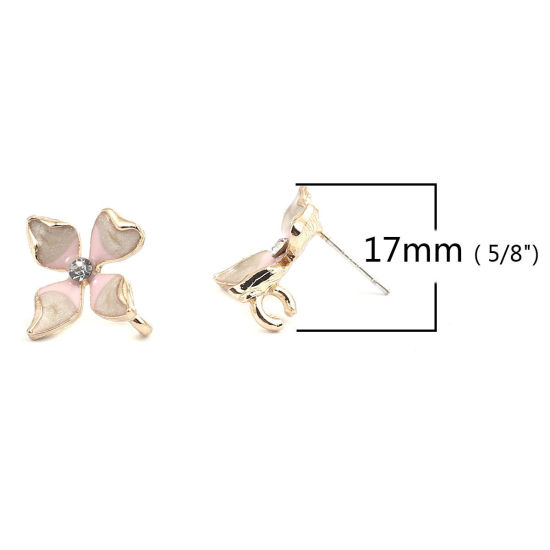 Immagine di Lega di Zinco Smalto Orecchini a Perno Tappi di Orecchini Fiore Oro Placcato Grigio W/ Loop Trasparente Strass 17mm x 16mm, Diametro Filo: (21 misura), 4 Pz