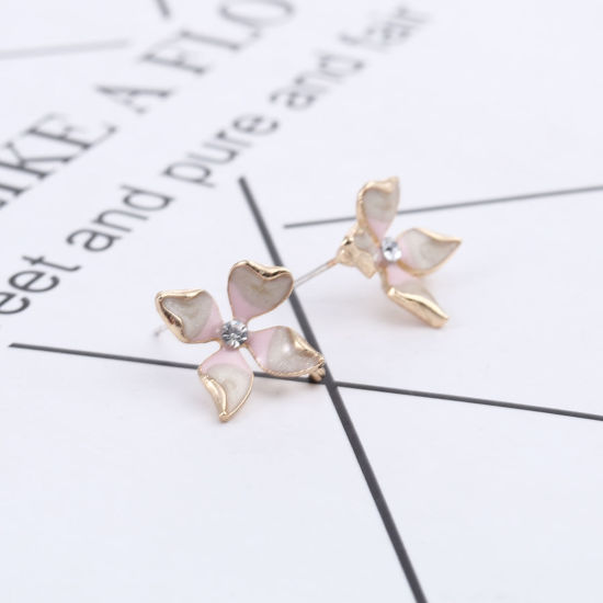 Immagine di Lega di Zinco Smalto Orecchini a Perno Tappi di Orecchini Fiore Oro Placcato Grigio W/ Loop Trasparente Strass 17mm x 16mm, Diametro Filo: (21 misura), 4 Pz