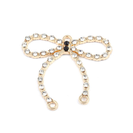 Zamak Conectores de Araña Bowknot Chapado en Oro Hueco Negro & Transparente Rhinestone 3.3cm x 3cm, 4 Unidades