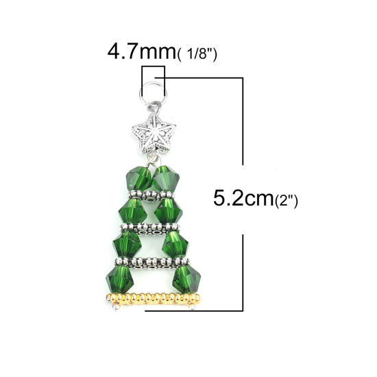 Picture of Zinc Based Alloy & Glass Christmas Pendants Triangle Silver Tone Green Star 5.2cm x 2cm, 1 Pair