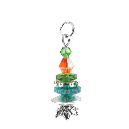 Picture of Zinc Based Alloy & Glass Christmas Pendants Tree Antique Silver Color Multicolor 3.3cm x 1.1cm, 1 Pair