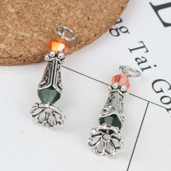 Picture of Zinc Based Alloy & Glass Christmas Pendants Rectangle Silver Tone Orange 3.3cm x 1cm, 1 Pair