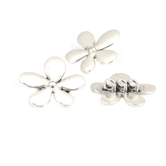Picture of Zinc Based Alloy Sewing Shank Buttons 3 Holes Flower Antique Silver Color 3.4cm x 3.4cm, 10 PCs