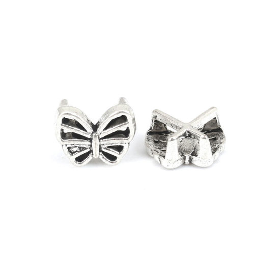 Picture of Zinc Based Alloy Slide Beads Butterfly Animal Antique Silver Color Hollow About 12mm x 9mm, Hole:Approx 6.3mm x 2.1mm 100 PCs