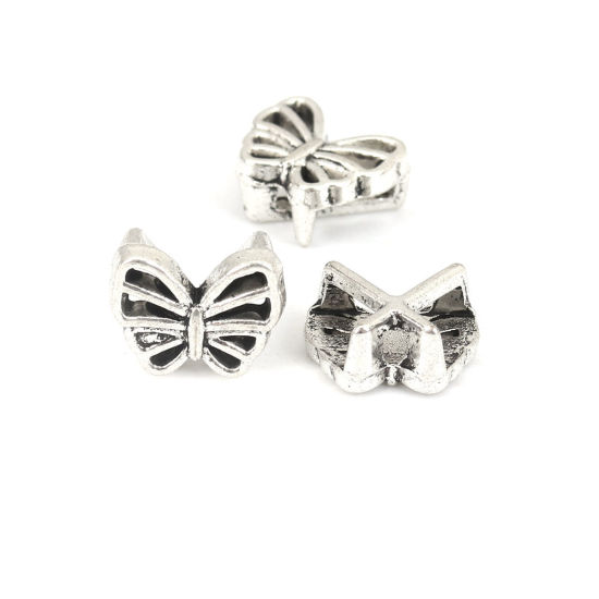 Picture of Zinc Based Alloy Slide Beads Butterfly Animal Antique Silver Color Hollow About 12mm x 9mm, Hole:Approx 6.3mm x 2.1mm 100 PCs
