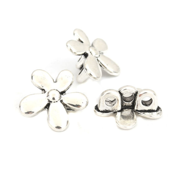 Picture of Zinc Based Alloy Sewing Shank Buttons 3 Holes Flower Antique Silver Color 20mm x 19mm, 20 PCs