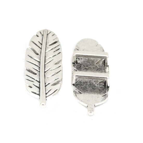 Picture of Zinc Based Alloy Slide Beads Feather Antique Silver Color About 4.7cm x 1.3cm, Hole:Approx 10.5mm x 2.4mm 20 PCs