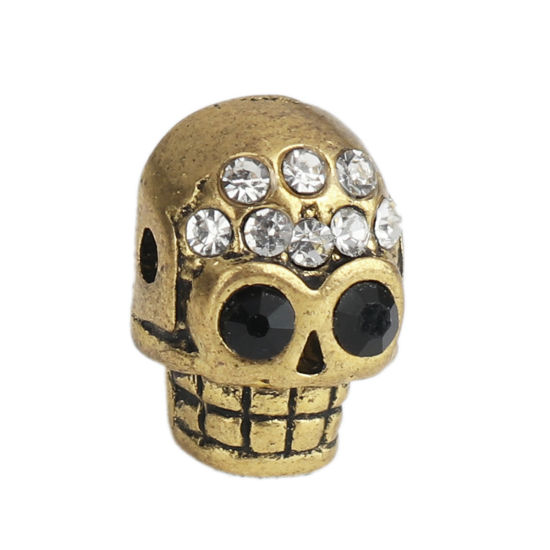 Immagine di Lega di Zinco Halloween Perline Cranio Oro Antico Nero & Trasparente Strass Circa 13mm x 9mm, Foro:Circa 1.8mm, 5 Pz