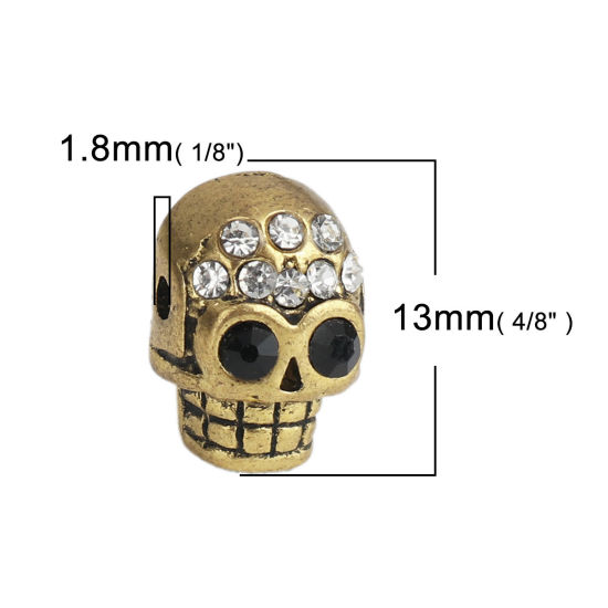 Immagine di Lega di Zinco Halloween Perline Cranio Oro Antico Nero & Trasparente Strass Circa 13mm x 9mm, Foro:Circa 1.8mm, 5 Pz