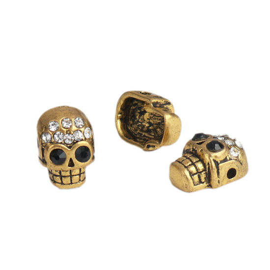 Immagine di Lega di Zinco Halloween Perline Cranio Oro Antico Nero & Trasparente Strass Circa 13mm x 9mm, Foro:Circa 1.8mm, 5 Pz