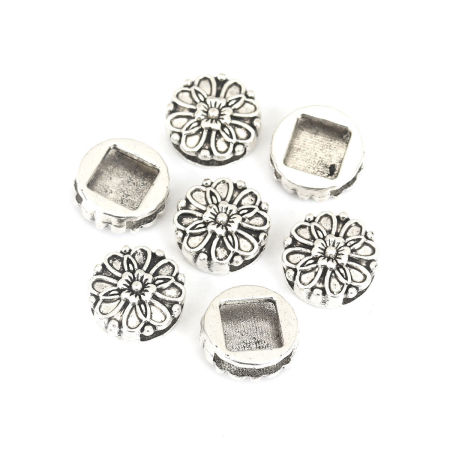 Zinc Based Alloy Slide Beads Round Flower Antique Silver Color About 16mm Dia, Hole:Approx 12.2mm x 2.4mm 30 PCs