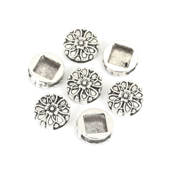 Picture of Zinc Based Alloy Slide Beads Round Flower Antique Silver Color About 16mm Dia, Hole:Approx 12.2mm x 2.4mm 30 PCs