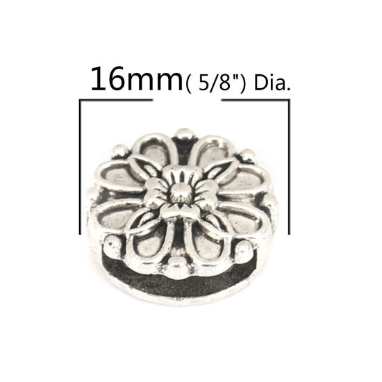 Picture of Zinc Based Alloy Slide Beads Round Flower Antique Silver Color About 16mm Dia, Hole:Approx 12.2mm x 2.4mm 30 PCs