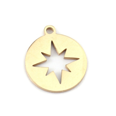 Picture of 304 Stainless Steel Galaxy Charms Round Disc Gold Plated Star Hollow 12mm x 10mm, 5 PCs