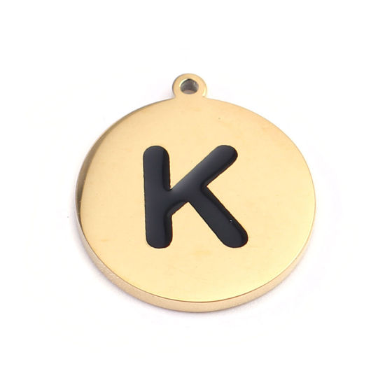 304ステンレス鋼 チャーム 円形 金メッキ 黒 キャピタルレター 文字" K " エナメル 17mm x 15mm、 2 個 の画像