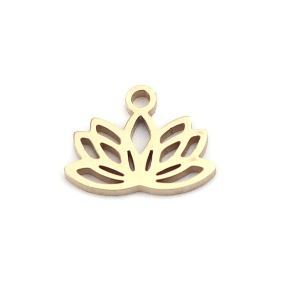 Bild von 304 Edelstahl Religiös Charms 18K Echtgold plattiert Lotosblume Hohl 10mm x 8mm, 2 Stück