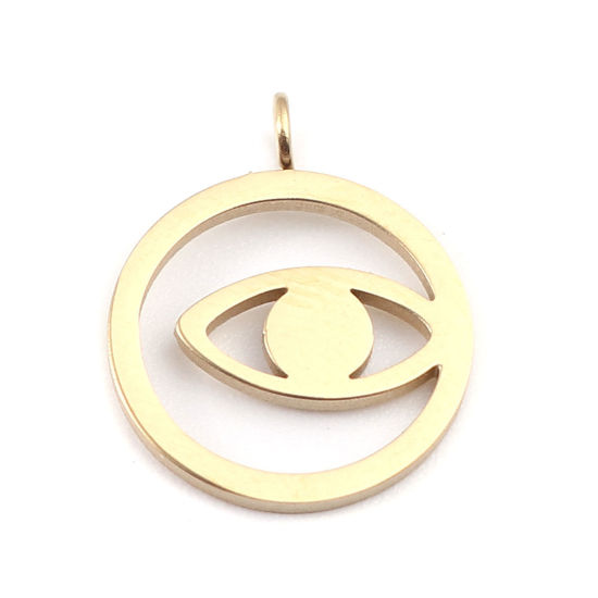 Immagine di 304 Acciaio Inossidabile Charms Tondo 18K Vero Oro Placcato Occhi Filigrana 15mm x 12mm, 2 Pz