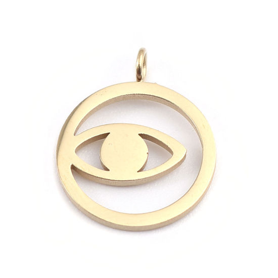 Immagine di 304 Acciaio Inossidabile Charms Tondo 18K Vero Oro Placcato Occhi Filigrana 15mm x 12mm, 2 Pz