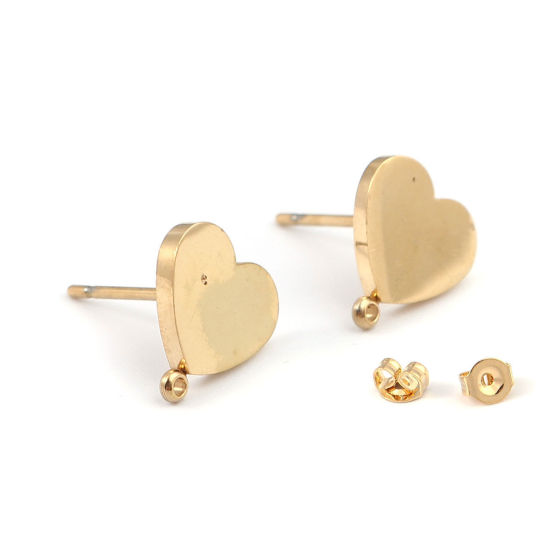 Picture of 304 Stainless Steel Ear Post Stud Earrings 18K Real Gold Plated Heart With Loop 10mm x 10mm, Post/ Wire Size: (20 gauge), 2 PCs