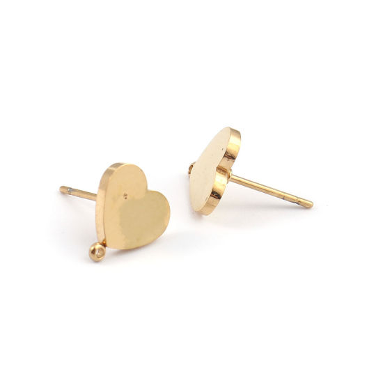 Picture of 304 Stainless Steel Ear Post Stud Earrings 18K Real Gold Plated Heart With Loop 10mm x 10mm, Post/ Wire Size: (20 gauge), 2 PCs