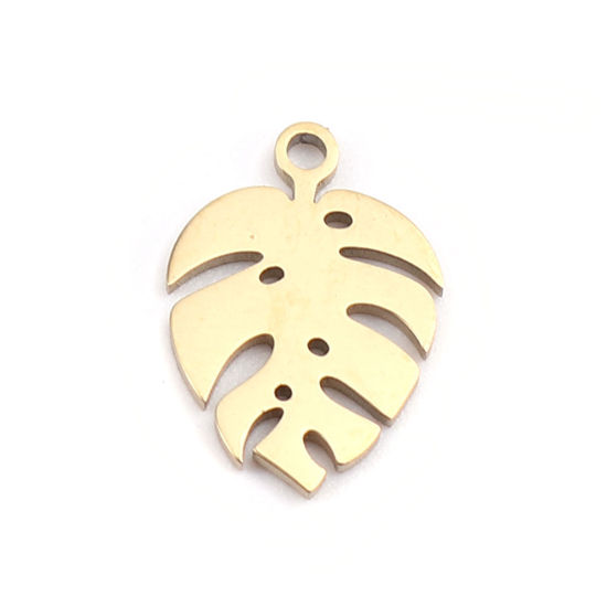 Picture of 304 Stainless Steel Charms 18K Real Gold Plated Leaf 13mm x 9mm, 2 PCs