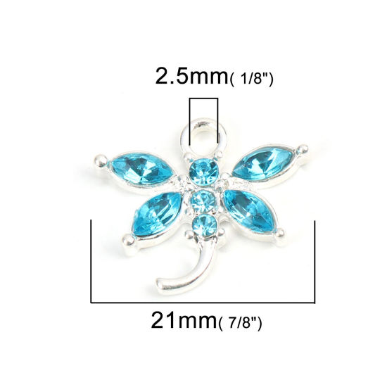 Picture of Zinc Based Alloy Insect Charms Butterfly Animal Silver Tone Light Blue Rhinestone 21mm x 18mm, 5 PCs