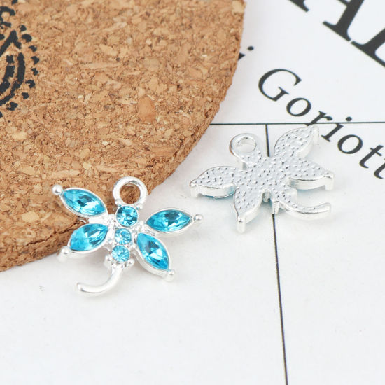 Picture of Zinc Based Alloy Insect Charms Butterfly Animal Silver Tone Light Blue Rhinestone 21mm x 18mm, 5 PCs