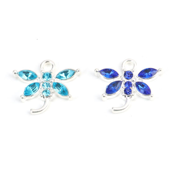 Picture of Zinc Based Alloy Insect Charms Butterfly Animal Silver Tone Light Blue Rhinestone 21mm x 18mm, 5 PCs