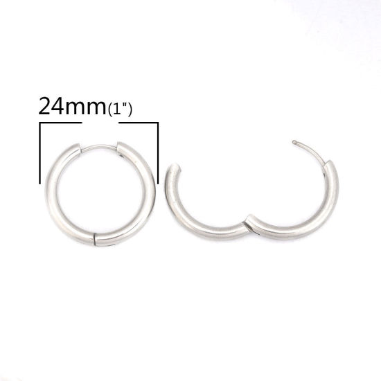 Picture of 304 Stainless Steel Hoop Earrings Silver Tone Round 24mm Dia., Post/ Wire Size: (18 gauge), 10 PCs