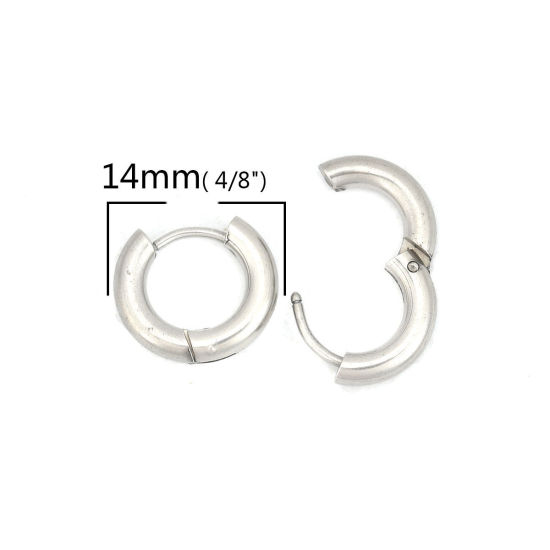 Picture of 304 Stainless Steel Hoop Earrings Silver Tone Round 14mm Dia., Post/ Wire Size: (19 gauge), 10 PCs