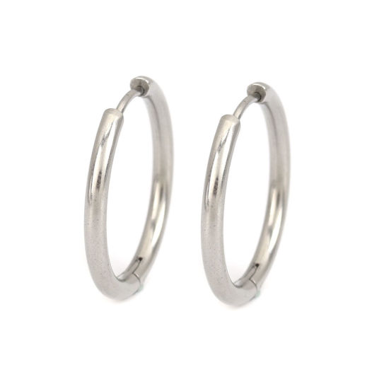 Picture of 304 Stainless Steel Hoop Earrings Silver Tone Round 25mm Dia., Post/ Wire Size: (19 gauge), 10 PCs