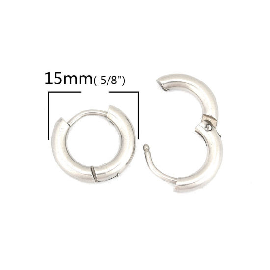 Picture of 304 Stainless Steel Hoop Earrings Silver Tone Round 15mm Dia., Post/ Wire Size: (19 gauge), 10 PCs