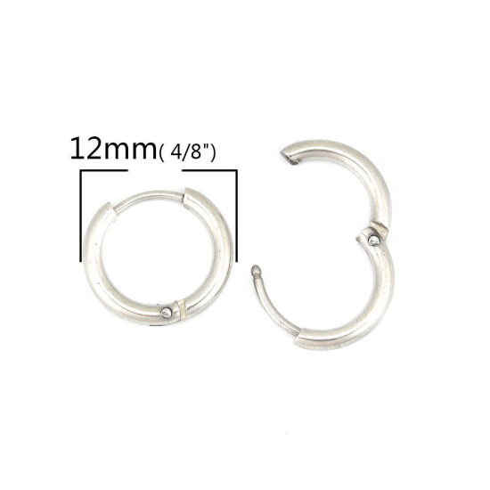Picture of 304 Stainless Steel Hoop Earrings Silver Tone Round 12mm Dia., Post/ Wire Size: (19 gauge), 10 PCs