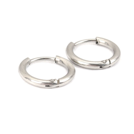 Picture of 304 Stainless Steel Hoop Earrings Silver Tone Round 12mm Dia., Post/ Wire Size: (19 gauge), 10 PCs