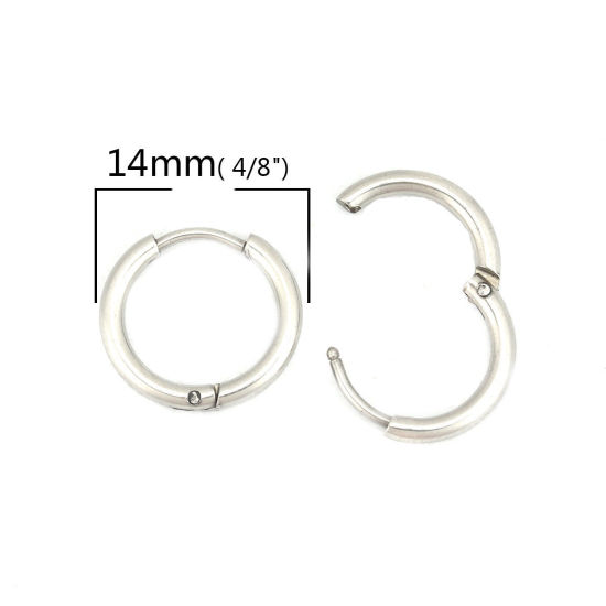 Picture of 304 Stainless Steel Hoop Earrings Silver Tone Round 14mm Dia., Post/ Wire Size: (19 gauge), 10 PCs