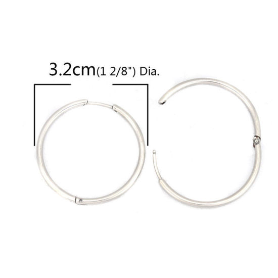 Picture of 304 Stainless Steel Hoop Earrings Silver Tone Round 28mm Dia., Post/ Wire Size: (18 gauge), 2 PCs
