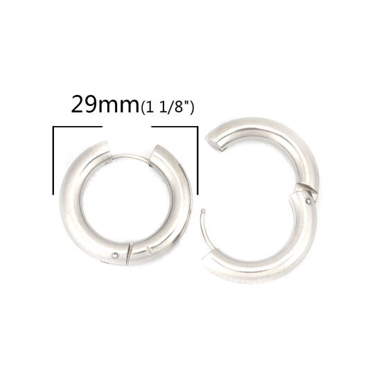 Picture of 304 Stainless Steel Hoop Earrings Silver Tone Round 29mm Dia., Post/ Wire Size: (18 gauge), 2 PCs