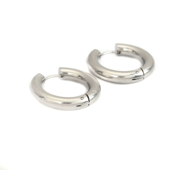 Picture of 304 Stainless Steel Hoop Earrings Silver Tone Round 29mm Dia., Post/ Wire Size: (18 gauge), 2 PCs